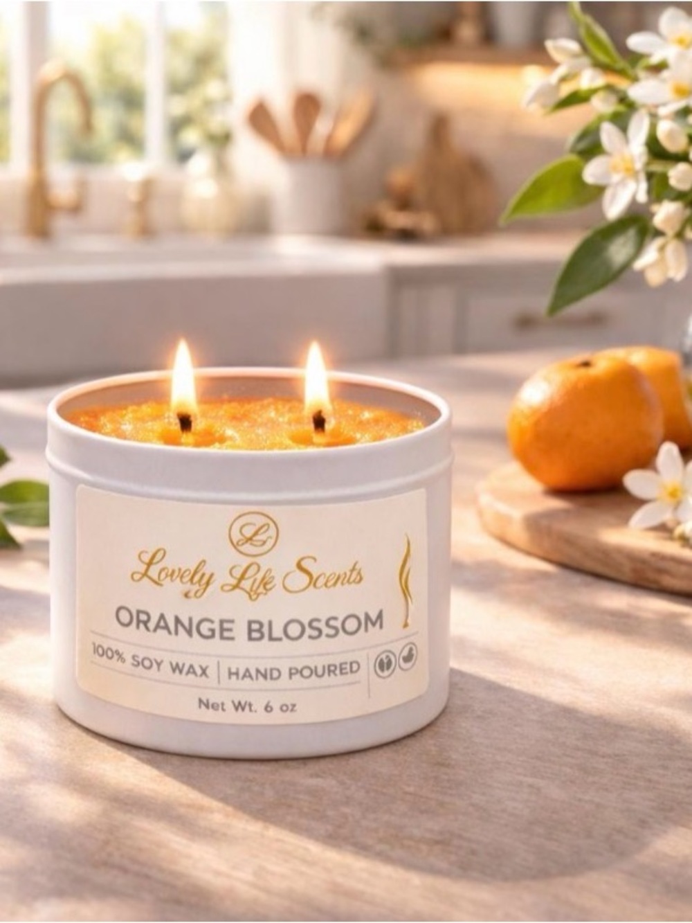 Orange Blossom Premium Soy Wax 6oz Double Wick Candle, a Citrus Floral Scent